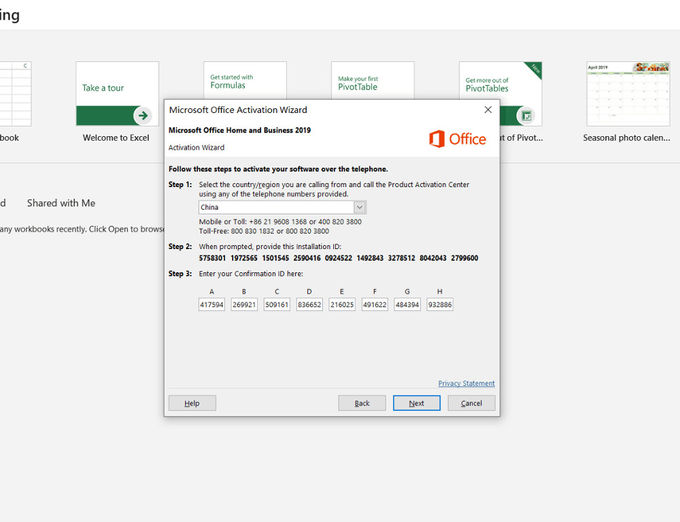 Maison de Microsoft Office et clé de permis activées par téléphone des affaires 2019 pour Windows 10 pro
